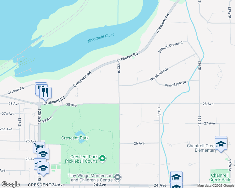 map of restaurants, bars, coffee shops, grocery stores, and more near 2845 132 Street in Surrey