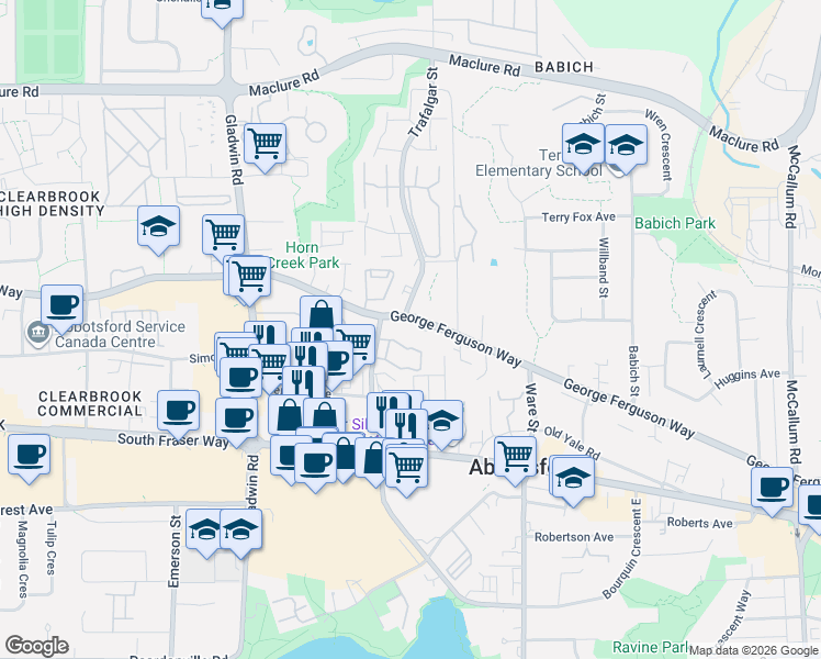 map of restaurants, bars, coffee shops, grocery stores, and more near 33030 George Ferguson Way in Abbotsford