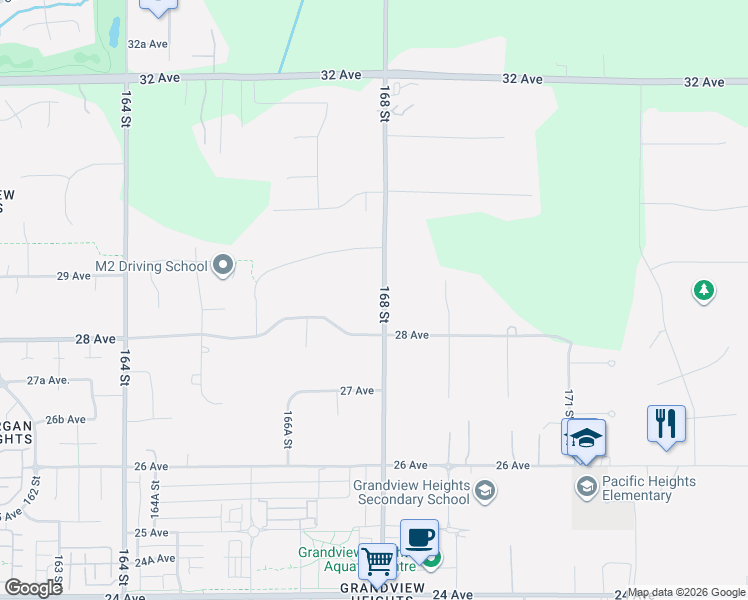 map of restaurants, bars, coffee shops, grocery stores, and more near 2853 168 Street in Surrey