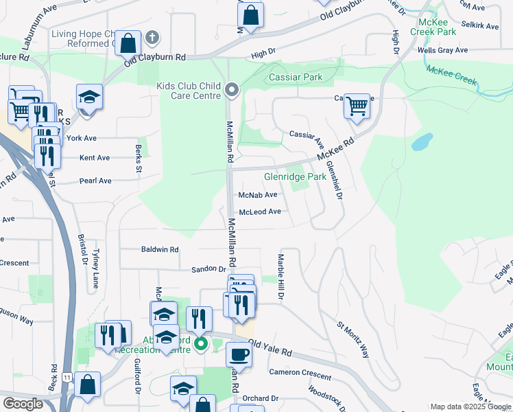 map of restaurants, bars, coffee shops, grocery stores, and more near 34855 McNab Avenue in Abbotsford