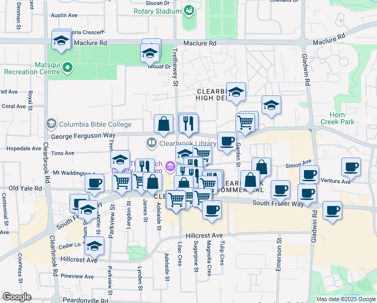map of restaurants, bars, coffee shops, grocery stores, and more near 2880 Trethewey Street in Abbotsford