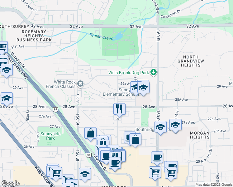 map of restaurants, bars, coffee shops, grocery stores, and more near 2855 158 Street in Surrey