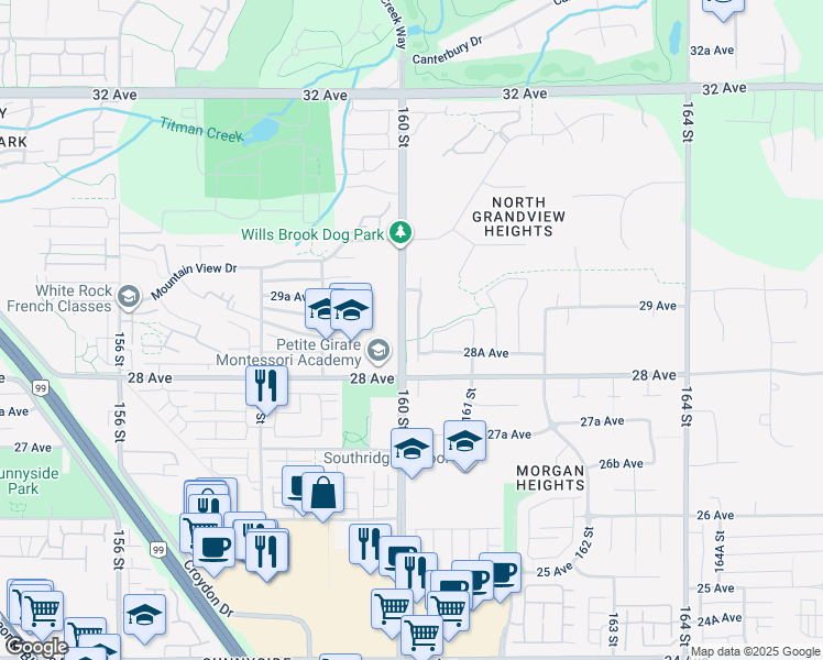 map of restaurants, bars, coffee shops, grocery stores, and more near 2870 160 Street in Surrey