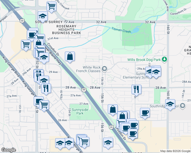 map of restaurants, bars, coffee shops, grocery stores, and more near 2855 156 Street in Surrey