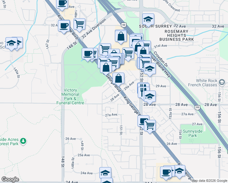 map of restaurants, bars, coffee shops, grocery stores, and more near 2925 King George Boulevard in Surrey