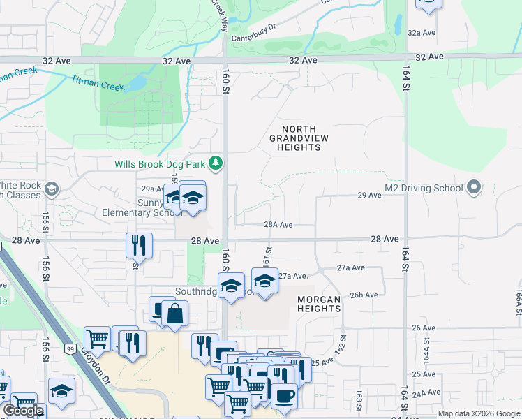 map of restaurants, bars, coffee shops, grocery stores, and more near 2894 161 Street in Surrey
