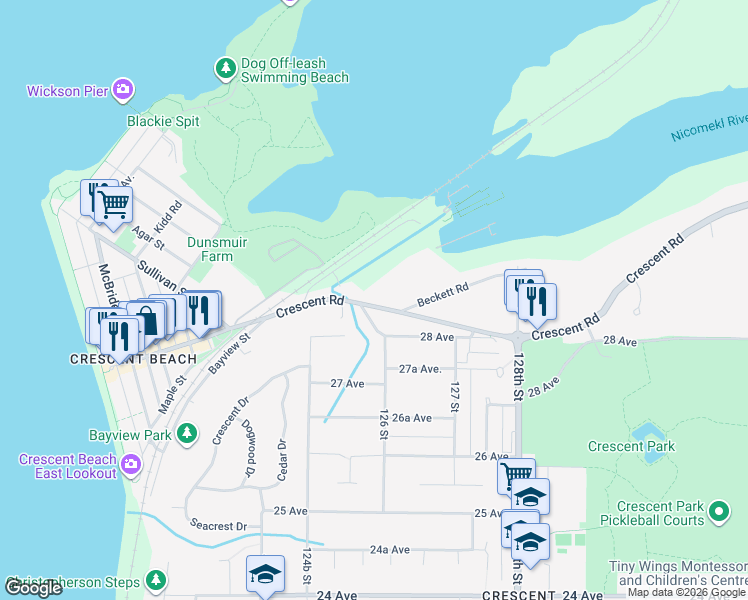 map of restaurants, bars, coffee shops, grocery stores, and more near 12561 Crescent Road in Surrey