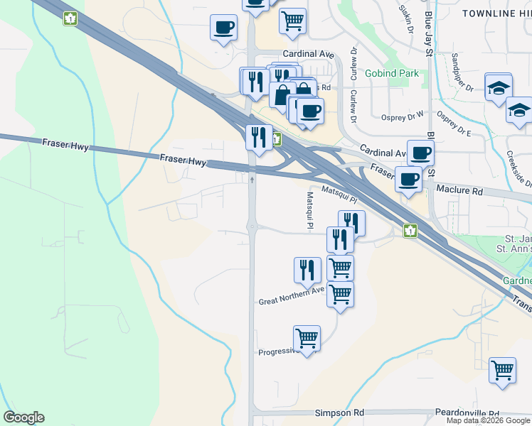 map of restaurants, bars, coffee shops, grocery stores, and more near 2844 Mount Lehman Road in Abbotsford