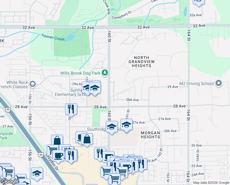 map of restaurants, bars, coffee shops, grocery stores, and more near 2879 160A Street in Surrey
