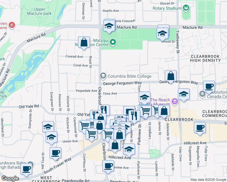 map of restaurants, bars, coffee shops, grocery stores, and more near 32076 George Ferguson Way in Abbotsford