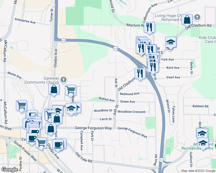 map of restaurants, bars, coffee shops, grocery stores, and more near 2878 Woodland Street in Abbotsford