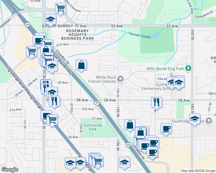 map of restaurants, bars, coffee shops, grocery stores, and more near 2855 156 Street in Surrey