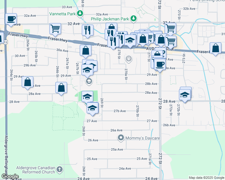 map of restaurants, bars, coffee shops, grocery stores, and more near 26953 28A Avenue in Langley Township