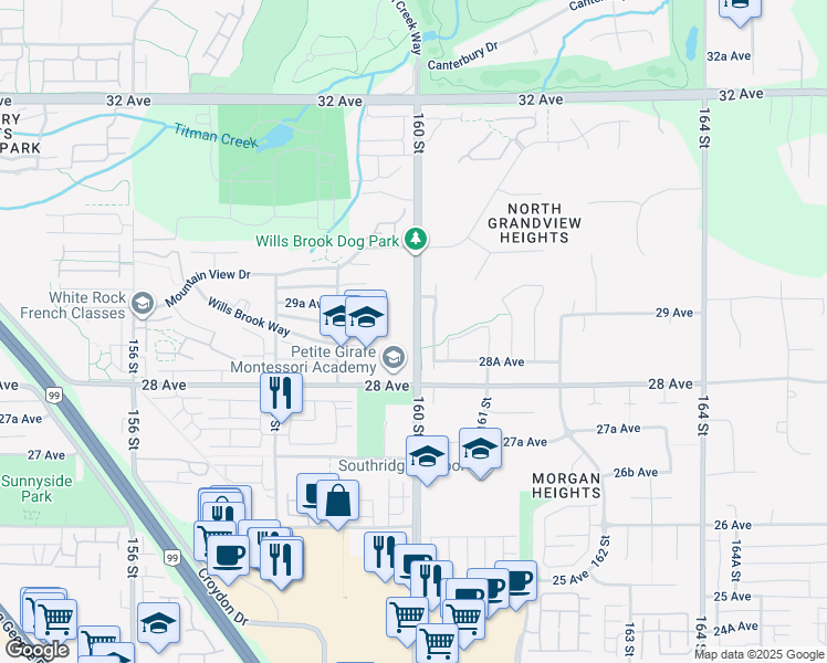 map of restaurants, bars, coffee shops, grocery stores, and more near 2884 160 Street in Surrey