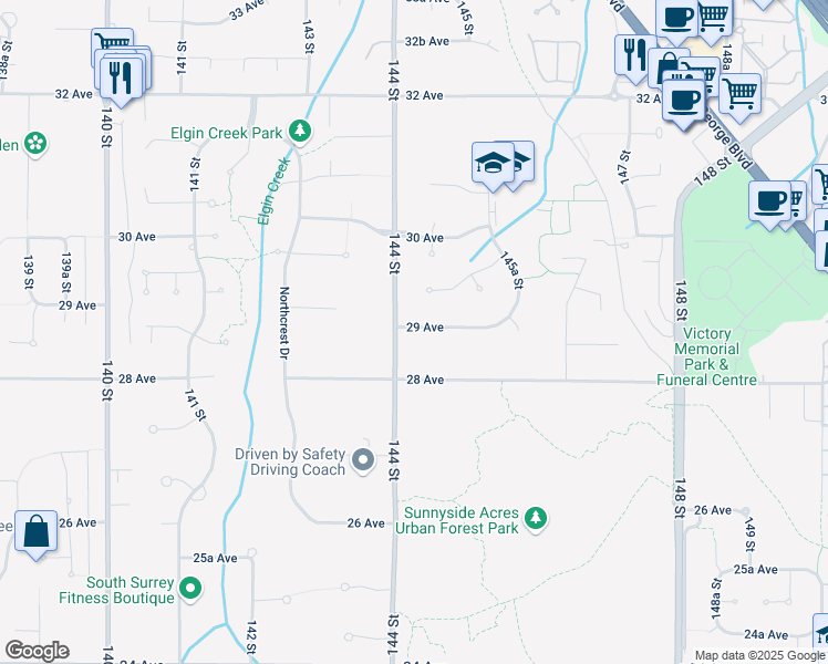 map of restaurants, bars, coffee shops, grocery stores, and more near 14420 29 Avenue in Surrey