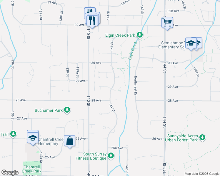 map of restaurants, bars, coffee shops, grocery stores, and more near 14096 28A Avenue in Surrey