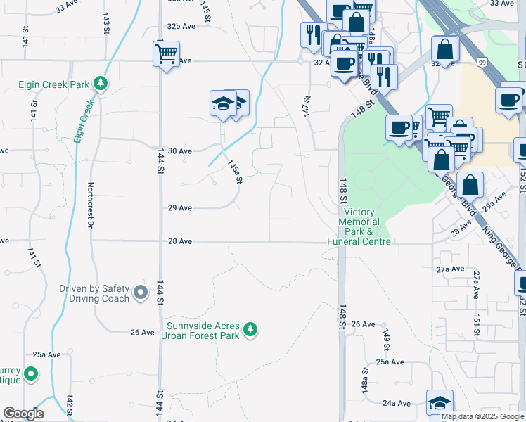map of restaurants, bars, coffee shops, grocery stores, and more near 2855 146 Street in Surrey