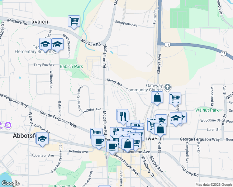 map of restaurants, bars, coffee shops, grocery stores, and more near 2886 Montrose Avenue in Abbotsford