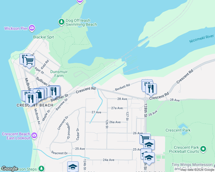map of restaurants, bars, coffee shops, grocery stores, and more near 12603 Crescent Road in Surrey