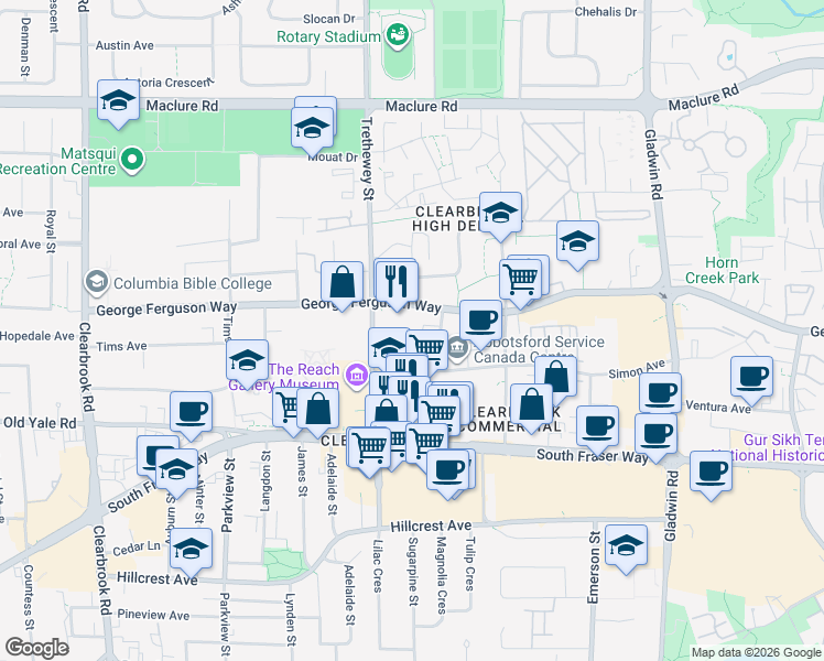 map of restaurants, bars, coffee shops, grocery stores, and more near 32445 Simon Avenue in Abbotsford