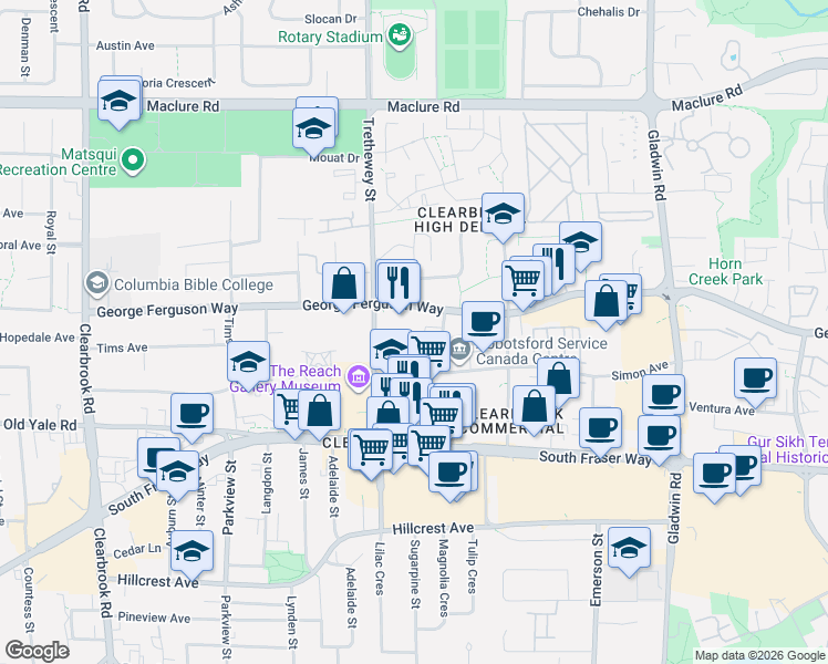 map of restaurants, bars, coffee shops, grocery stores, and more near 32445 Simon Avenue in Abbotsford