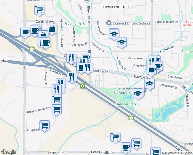 map of restaurants, bars, coffee shops, grocery stores, and more near 2838 Livingstone Avenue in Abbotsford