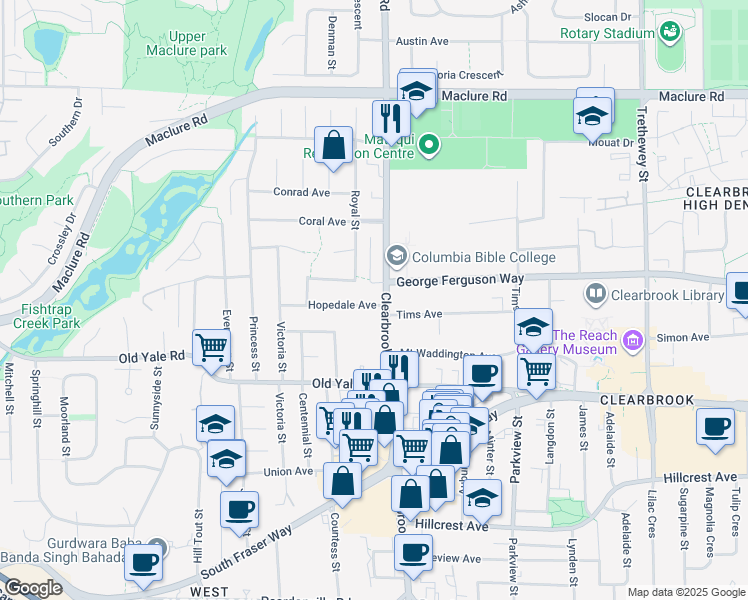 map of restaurants, bars, coffee shops, grocery stores, and more near 31975 Hopedale Avenue in Abbotsford