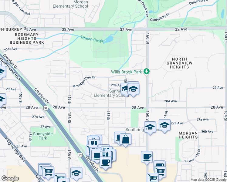 map of restaurants, bars, coffee shops, grocery stores, and more near 15825 Wills Brook Way in Surrey