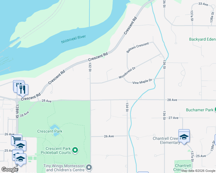 map of restaurants, bars, coffee shops, grocery stores, and more near 13288 Woodcrest Drive in Surrey