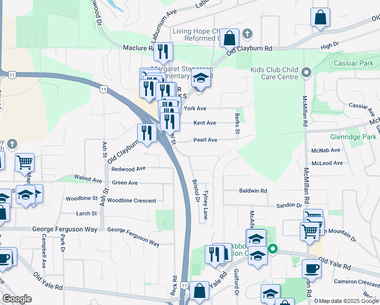 map of restaurants, bars, coffee shops, grocery stores, and more near 34413 Stoneleigh Avenue in Abbotsford