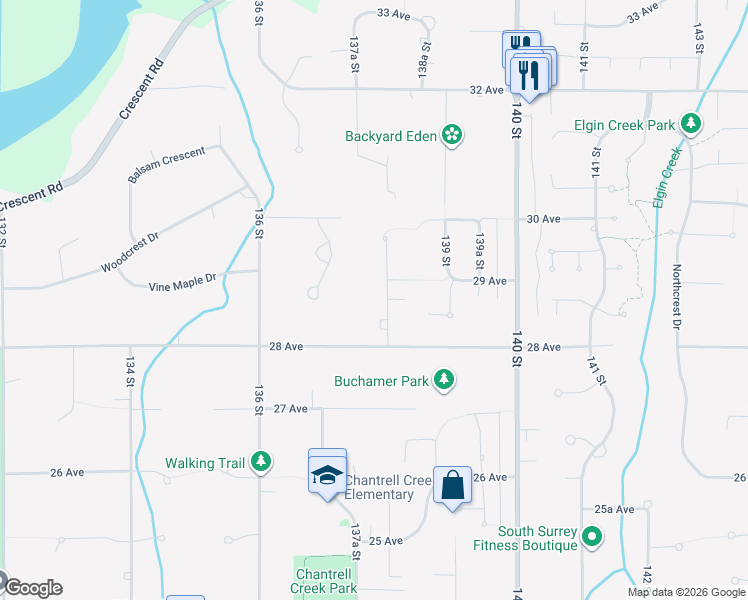 map of restaurants, bars, coffee shops, grocery stores, and more near 2869 138 Street in Surrey