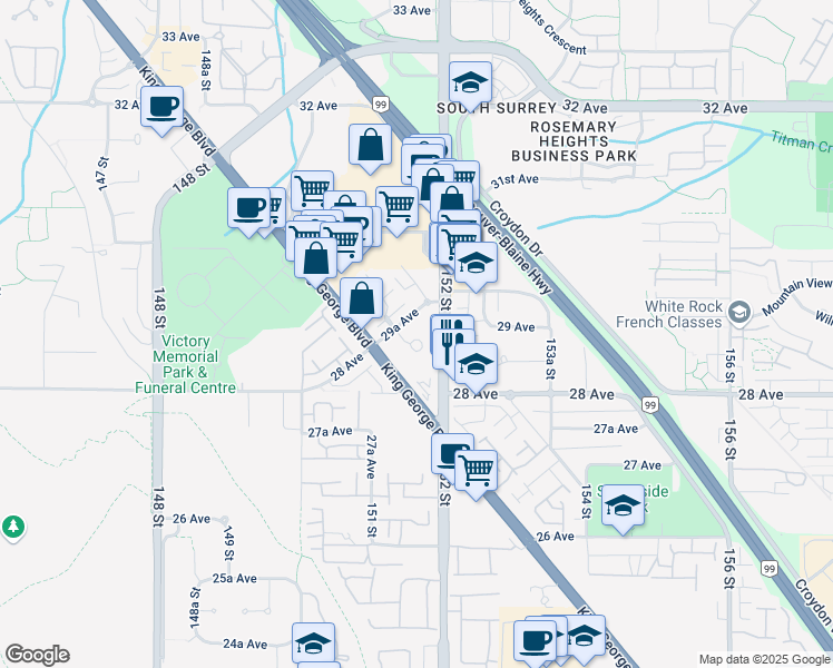 map of restaurants, bars, coffee shops, grocery stores, and more near 15150 29A Avenue in Surrey