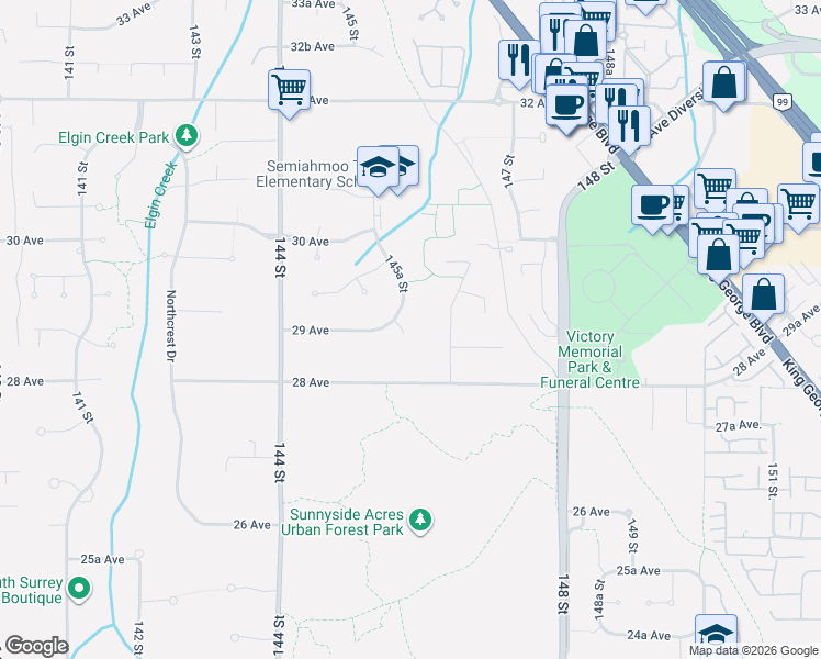 map of restaurants, bars, coffee shops, grocery stores, and more near 2878 145B Street in Surrey