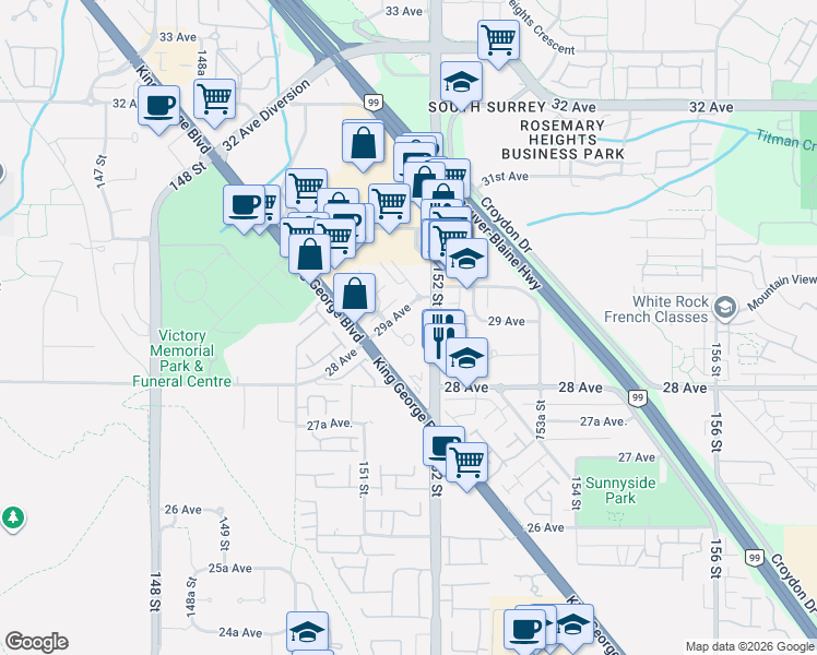 map of restaurants, bars, coffee shops, grocery stores, and more near in Surrey
