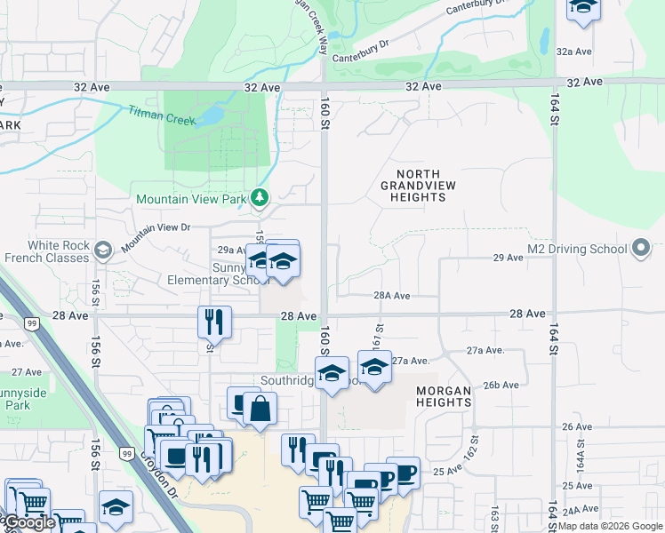 map of restaurants, bars, coffee shops, grocery stores, and more near 2886 160 Street in Surrey
