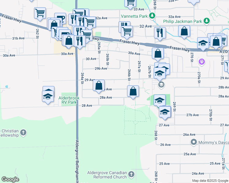 map of restaurants, bars, coffee shops, grocery stores, and more near 26580 28B Avenue in Langley Township