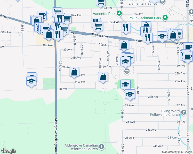 map of restaurants, bars, coffee shops, grocery stores, and more near 26640 28B Avenue in Langley Township