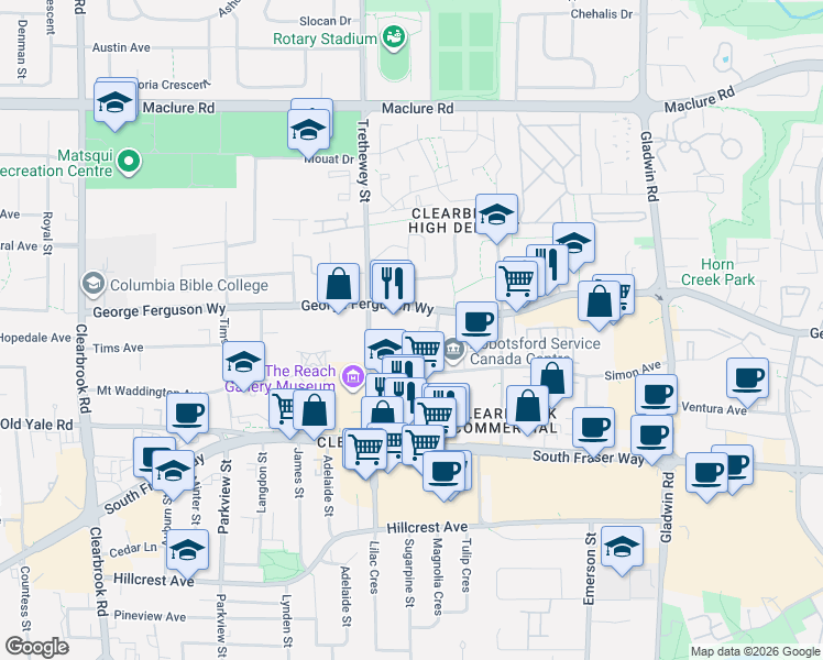 map of restaurants, bars, coffee shops, grocery stores, and more near 32470 George Ferguson Way in Abbotsford