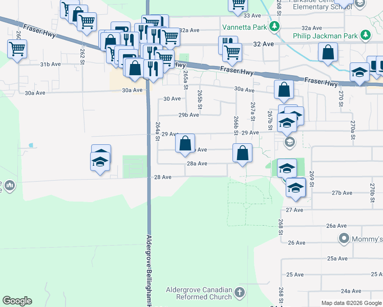 map of restaurants, bars, coffee shops, grocery stores, and more near 26518 28B Avenue in Langley Township
