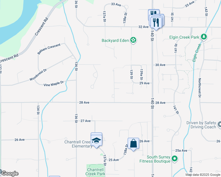 map of restaurants, bars, coffee shops, grocery stores, and more near 2869 138 Street in Surrey