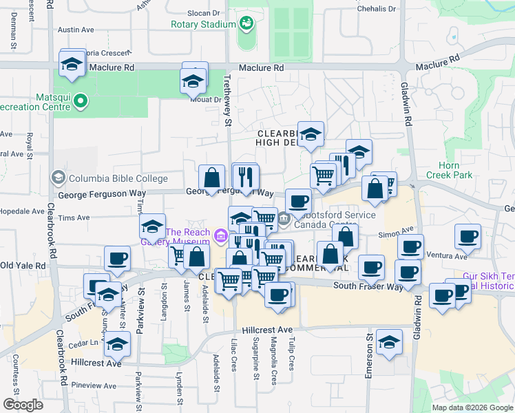 map of restaurants, bars, coffee shops, grocery stores, and more near 32445 Simon Avenue in Abbotsford