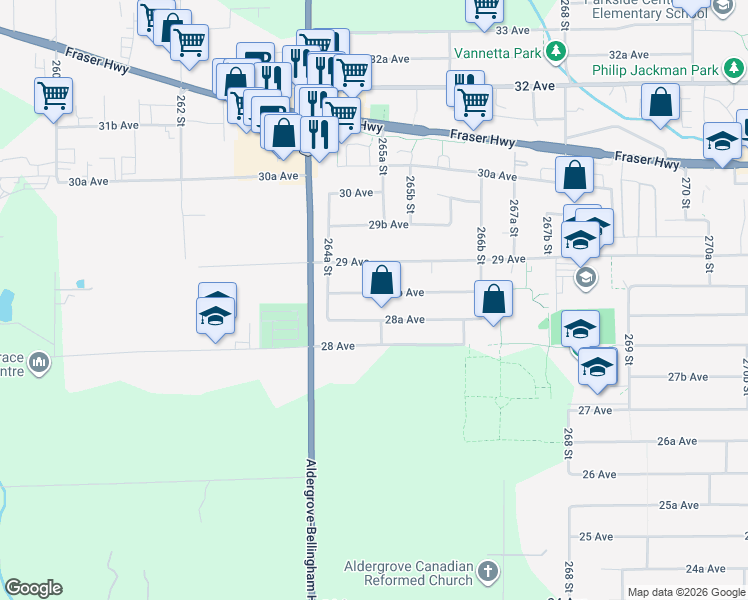 map of restaurants, bars, coffee shops, grocery stores, and more near 26490 28B Avenue in Langley City
