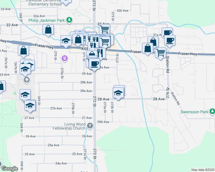 map of restaurants, bars, coffee shops, grocery stores, and more near 27265 28A Avenue in Langley Township