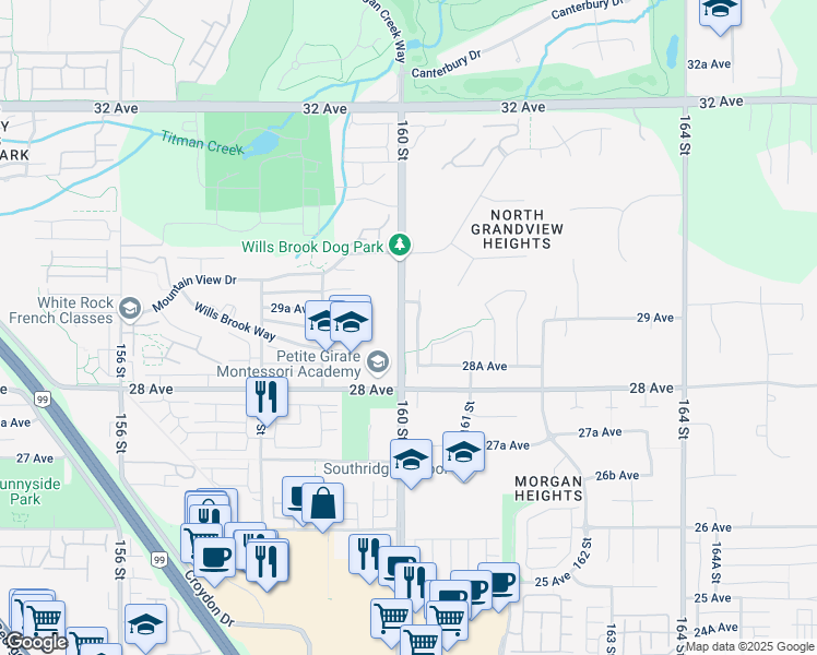 map of restaurants, bars, coffee shops, grocery stores, and more near 2884 160 Street in Surrey