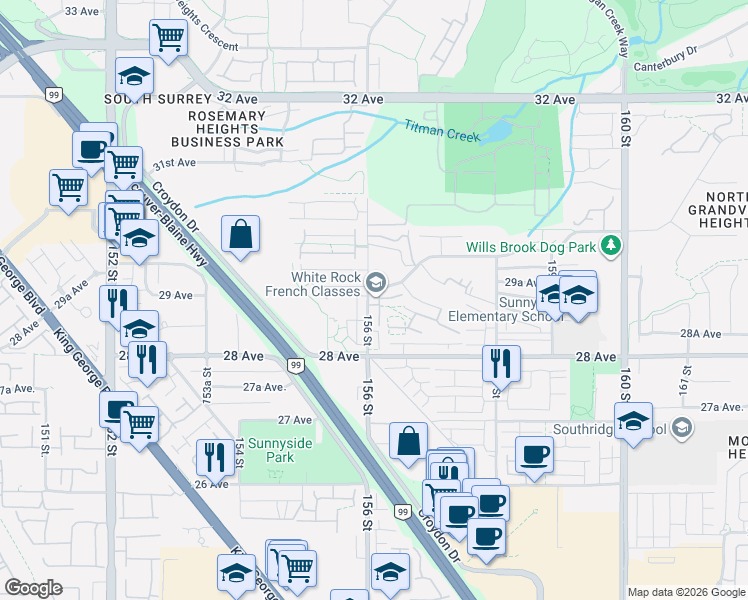 map of restaurants, bars, coffee shops, grocery stores, and more near 2888 156 Street in Surrey