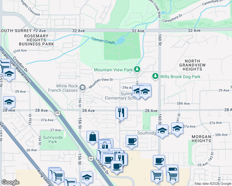 map of restaurants, bars, coffee shops, grocery stores, and more near Wills Brook Way in Surrey