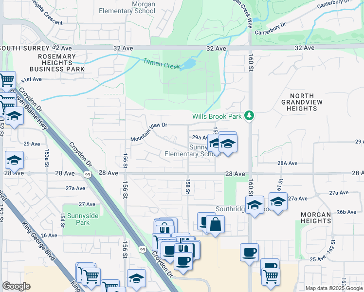 map of restaurants, bars, coffee shops, grocery stores, and more near 15728 Wills Brook Way in Surrey