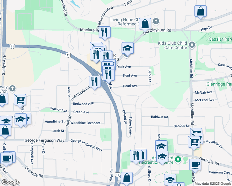 map of restaurants, bars, coffee shops, grocery stores, and more near 3411 Stoneleigh Avenue in Abbotsford