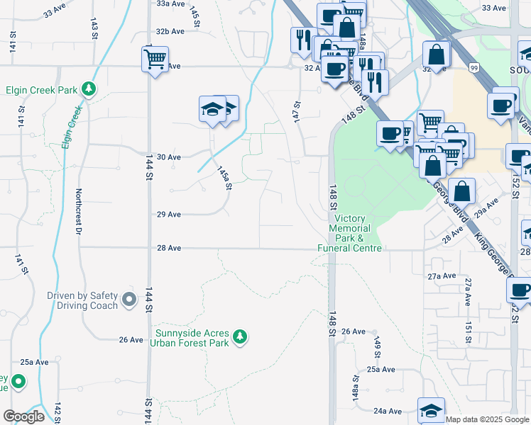 map of restaurants, bars, coffee shops, grocery stores, and more near 2866 146 Street in Surrey