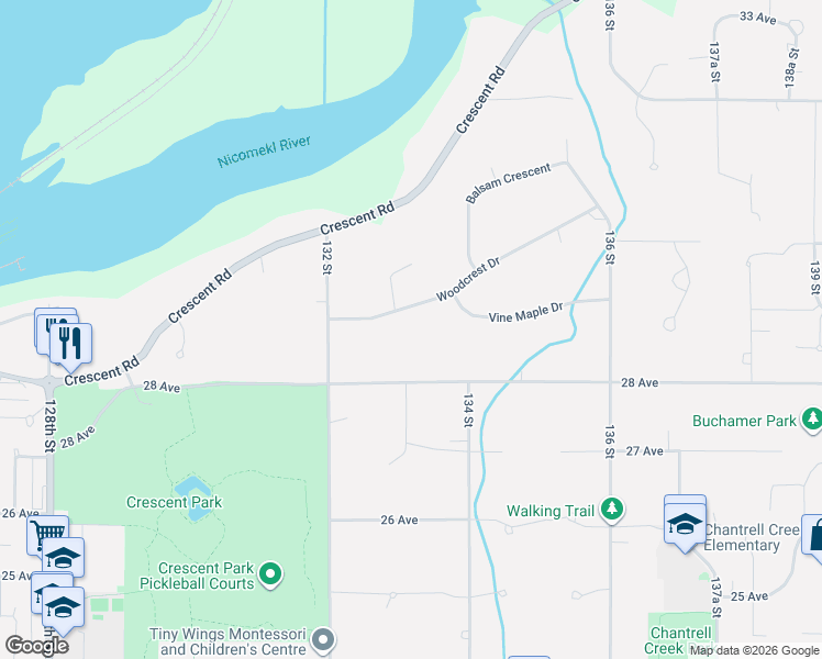 map of restaurants, bars, coffee shops, grocery stores, and more near 13328 Woodcrest Drive in Surrey